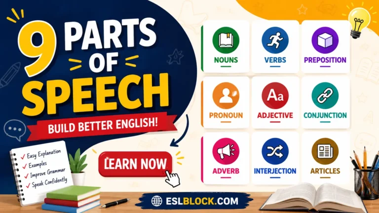 Colorful infographic showing the 9 parts of speech including nouns, verbs, adjectives, adverbs, and prepositions.