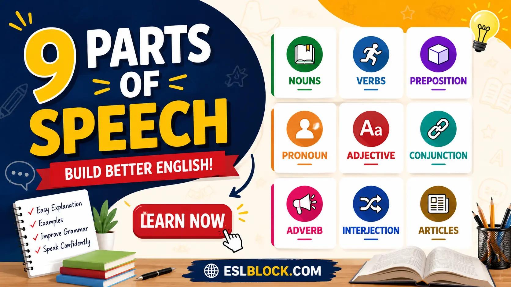 Colorful infographic showing the 9 parts of speech including nouns, verbs, adjectives, adverbs, and prepositions.