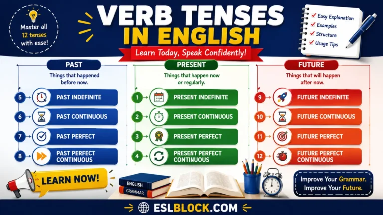 Colorful infographic showing the 12 English verb tenses including Present Simple, Past Perfect, Future Continuous, and Present Perfect.