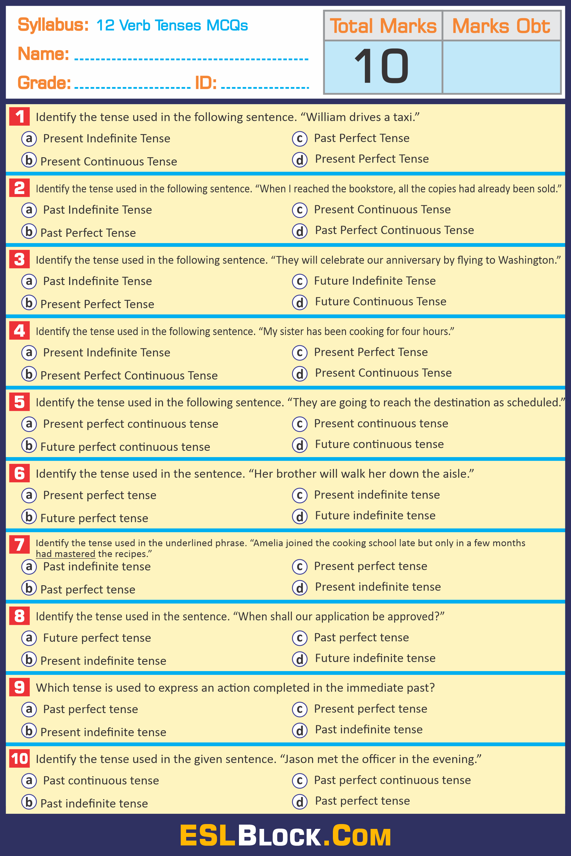 12 verb tenses worksheets english as a second language