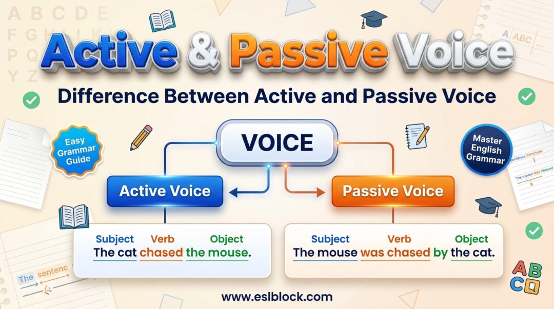 Active and Passive Voice comparison infographic showing sentence structure, grammar rules, Active Voice, Passive Voice, and example sentences for English learners.