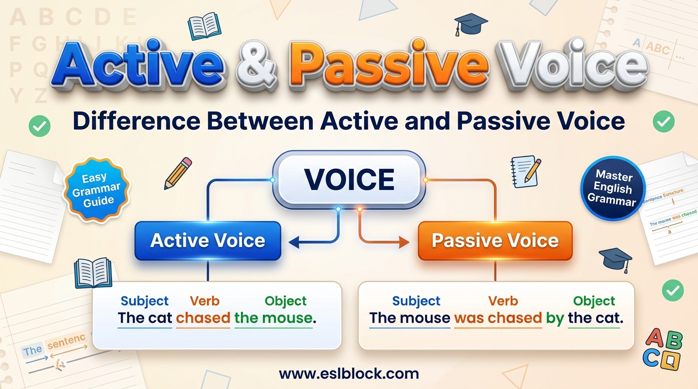 Active and Passive Voice comparison infographic showing sentence structure, grammar rules, Active Voice, Passive Voice, and example sentences for English learners.