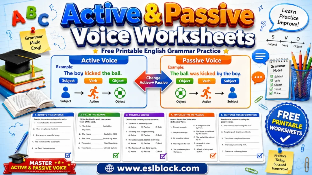 Educational infographic for Active and Passive Voice Worksheets featuring sentence transformation examples, printable grammar worksheets, and English voice practice activities.