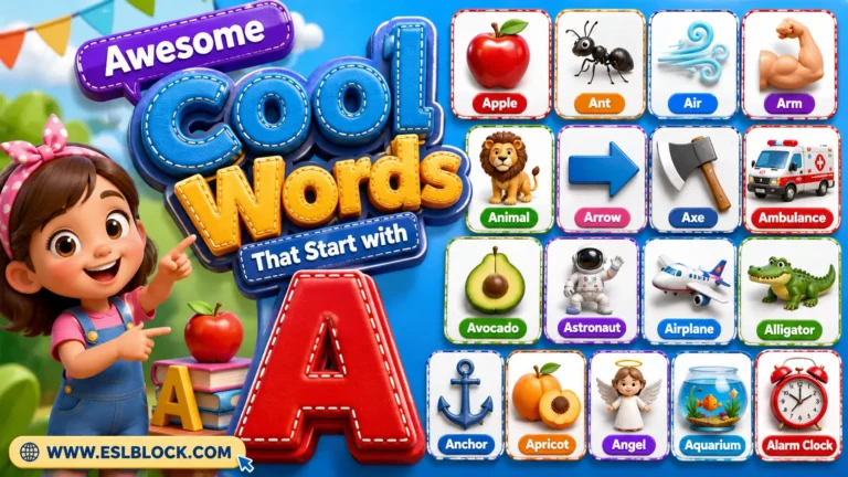 Awesome Cool Words That Start with A featuring colorful 3D illustrations of Apple, Ant, Air, Airplane, Astronaut, Alligator, Avocado, Anchor, Angel, Aquarium, Alarm Clock, Ambulance, Arrow, Axe, Animal, Arm, and Apricot for kids.
