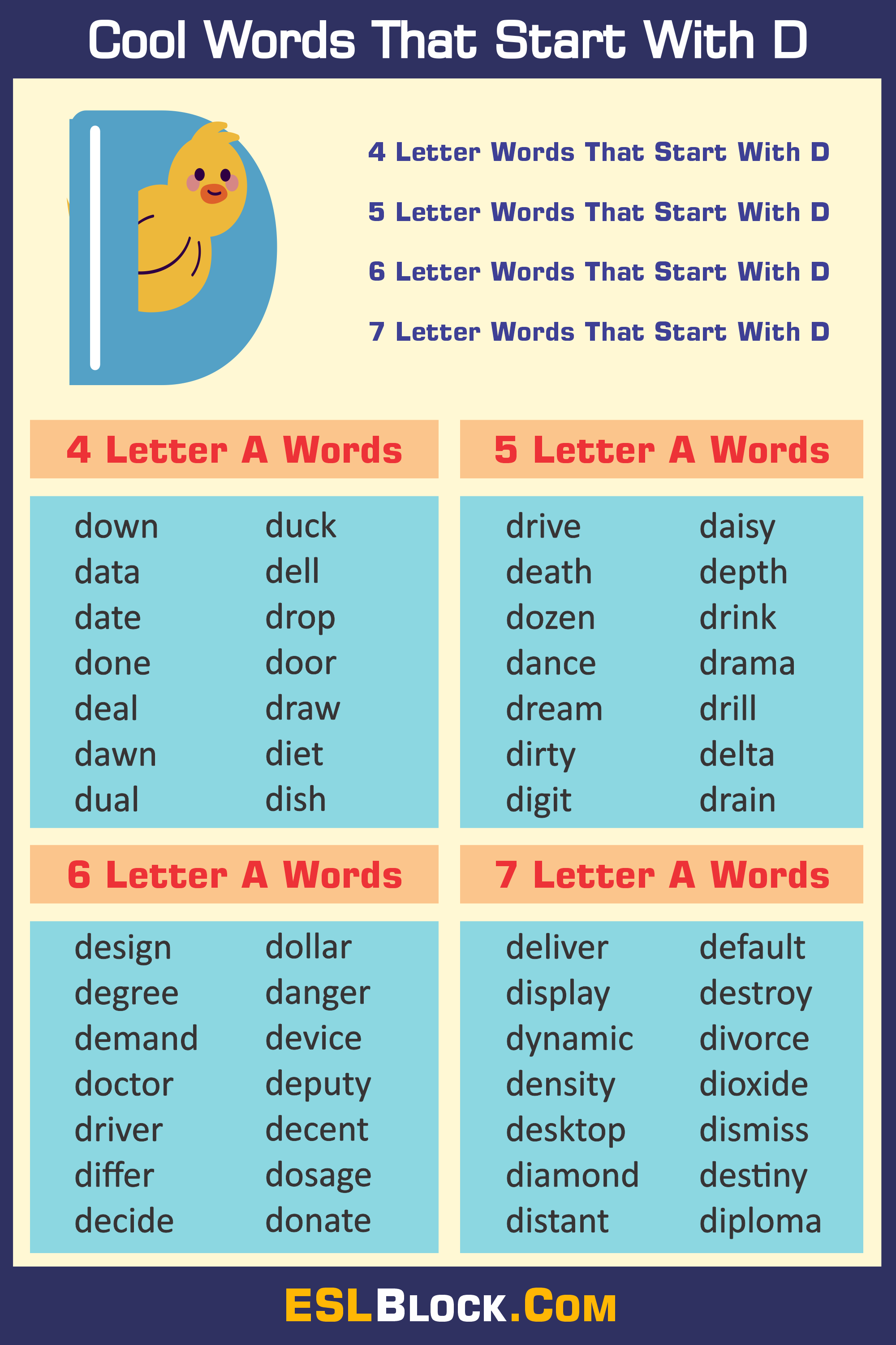 4 Letter Words, 4 Letter Words That Start With D, 5 Letter Words, 5 Letter Words That Start With D, 6 Letter Words, 6 Letter Words That Start With D, 7 Letter Words, 7 Letter Words That Start With D, Awesome Cool Words, Christmas Words That Start With D, Cool Words, D Words, Describing Words That Start With D, Descriptive Words That Start With D, English Words, Five Letter Words Starting with D, Good Words That Start With D, Nice Words That Start With D, Positive Words That Start With D, Unique Words, Word Dictionary, Words That Start With D, Words That Start With D to Describe Someone