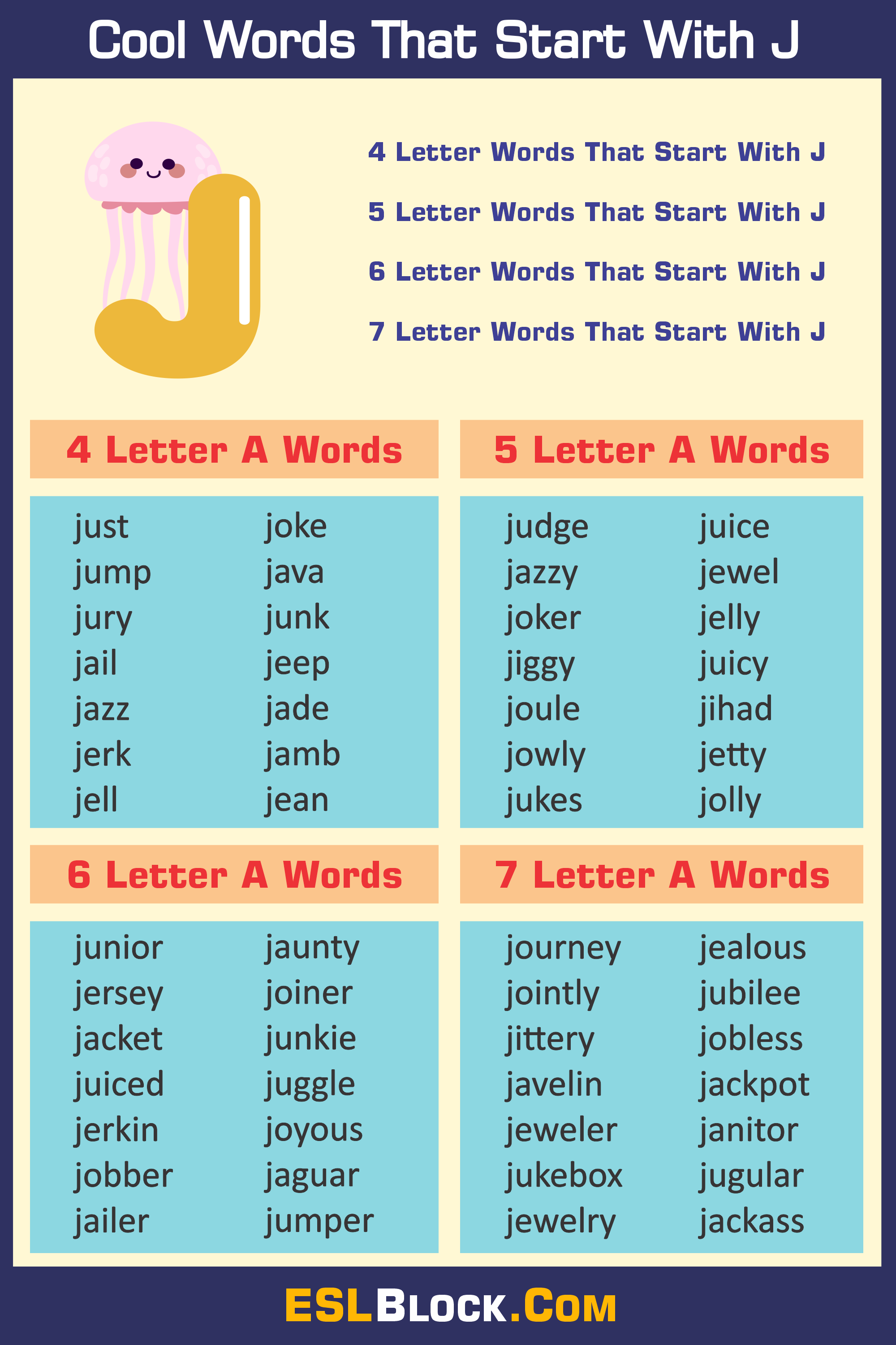 4 Letter Words, 4 Letter Words That Start With J, 5 Letter Words, 5 Letter Words That Start With J, 6 Letter Words, 6 Letter Words That Start With J, 7 Letter Words, 7 Letter Words That Start With J, Awesome Cool Words, Christmas Words That Start With J, Cool Words, Describing Words That Start With J, Descriptive Words That Start With J, English Words, Five Letter Words Starting with J, Good Words That Start With J, J Words, Nice Words That Start With J, Positive Words That Start With J, Unique Words, Word Dictionary, Words That Start With J, Words That Start With J to Describe Someone
