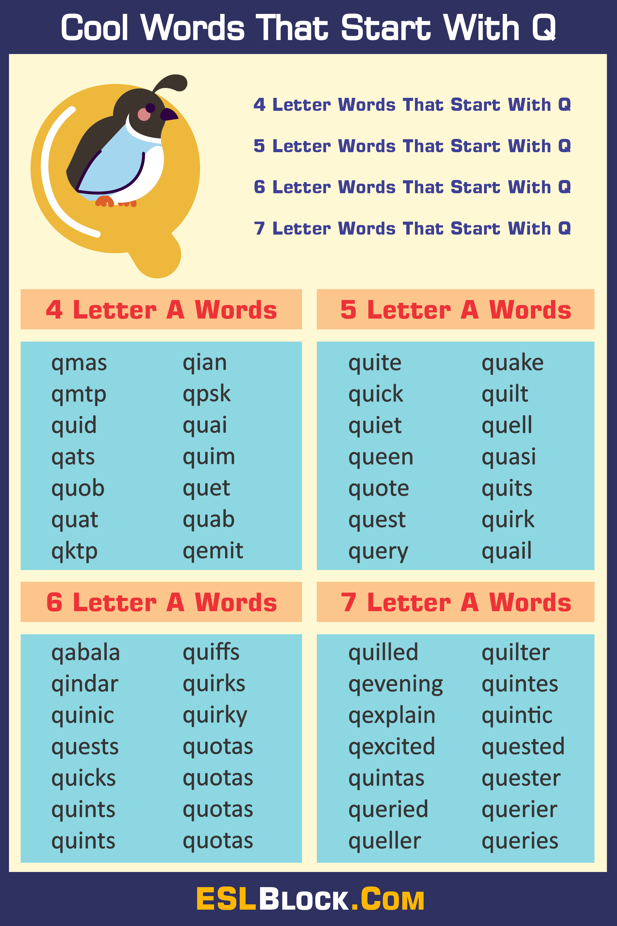 4 Letter Words, 4 Letter Words That Start With Q, 5 Letter Words, 5 Letter Words That Start With Q, 6 Letter Words, 6 Letter Words That Start With Q, 7 Letter Words, 7 Letter Words That Start With Q, Awesome Cool Words, Christmas Words That Start With Q, Cool Words, Describing Words That Start With Q, Descriptive Words That Start With Q, English Words, Five Letter Words Starting with Q, Good Words That Start With Q, Nice Words That Start With Q, Positive Words That Start With Q, Q Words, Unique Words, Word Dictionary, Words That Start With Q, Words That Start With Q to Describe Someone