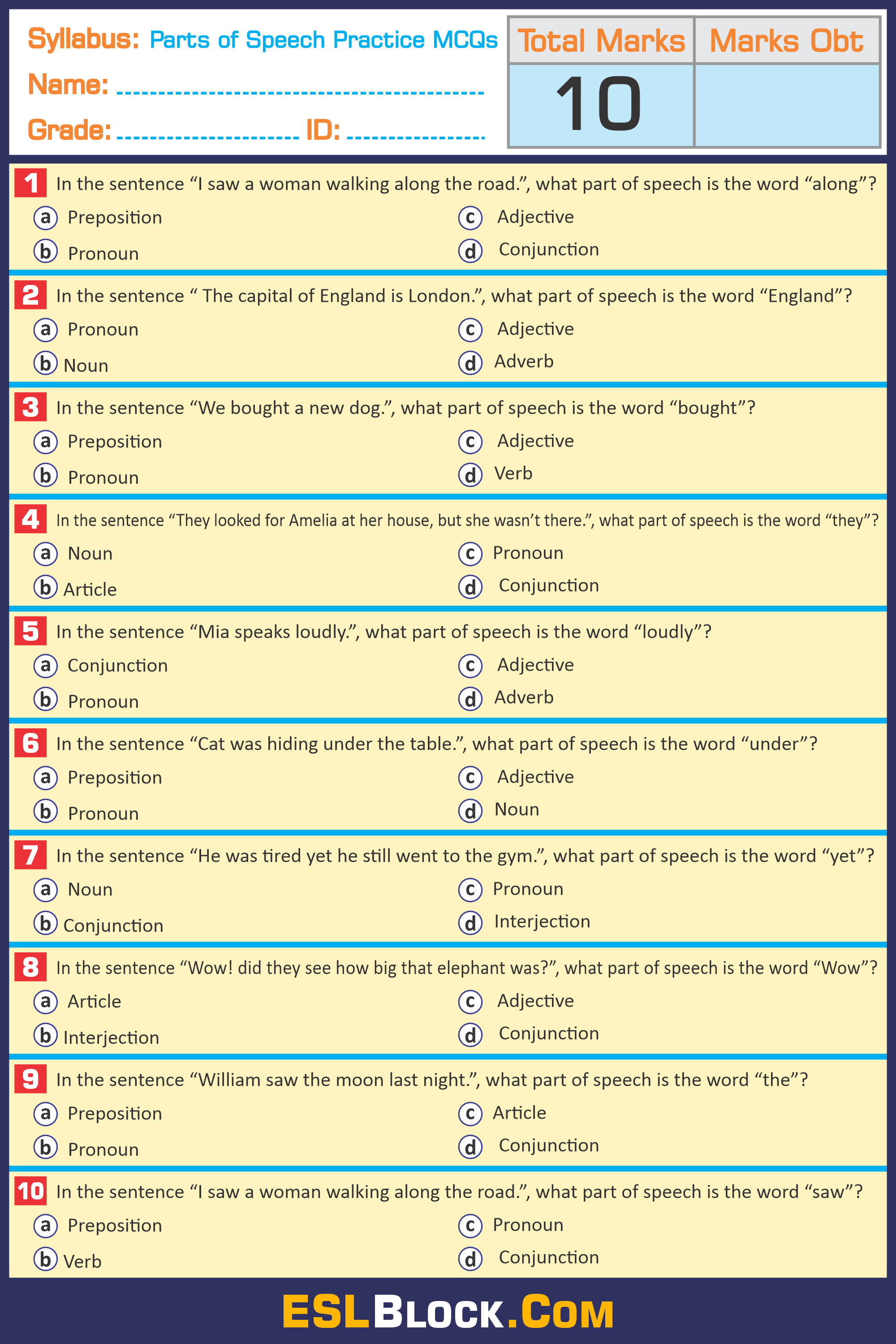 parts of speech worksheets english as a second language