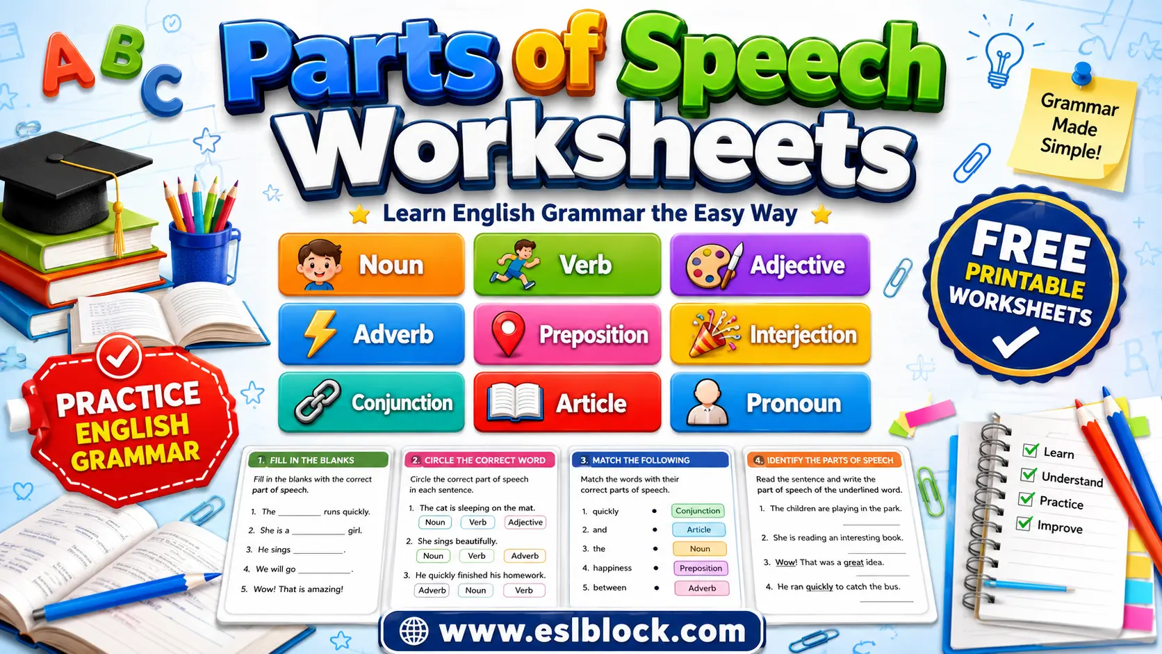 Colorful educational infographic for Parts of Speech Worksheets featuring the nine parts of speech, printable grammar worksheets, and English language learning activities.
