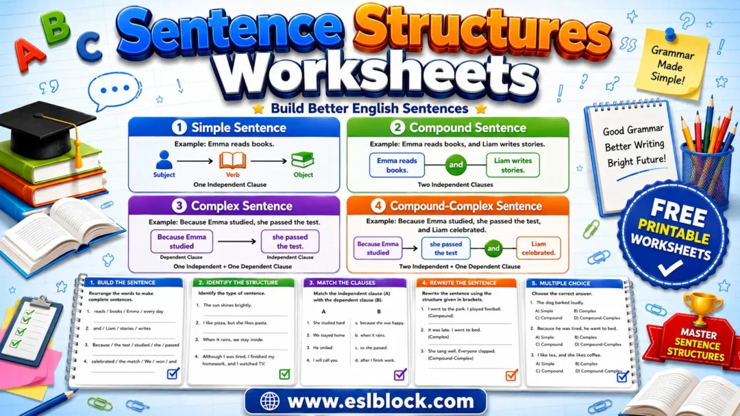 Educational infographic for Sentence Structures Worksheets featuring simple, compound, complex, and compound-complex sentence diagrams with printable grammar worksheet activities.