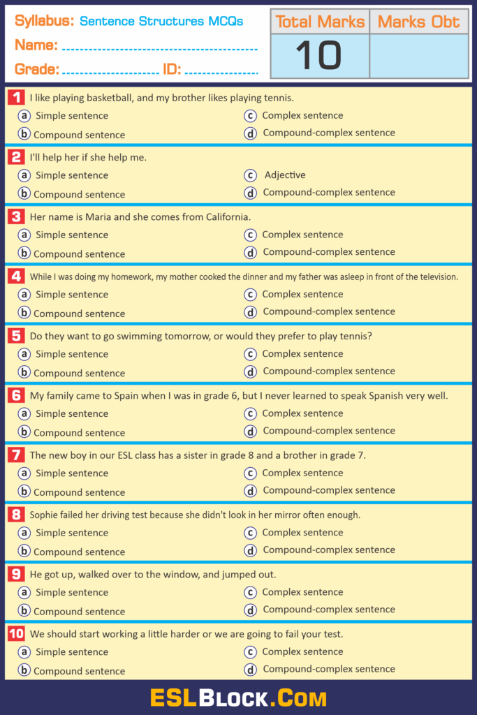 sentence structures worksheets english as a second language