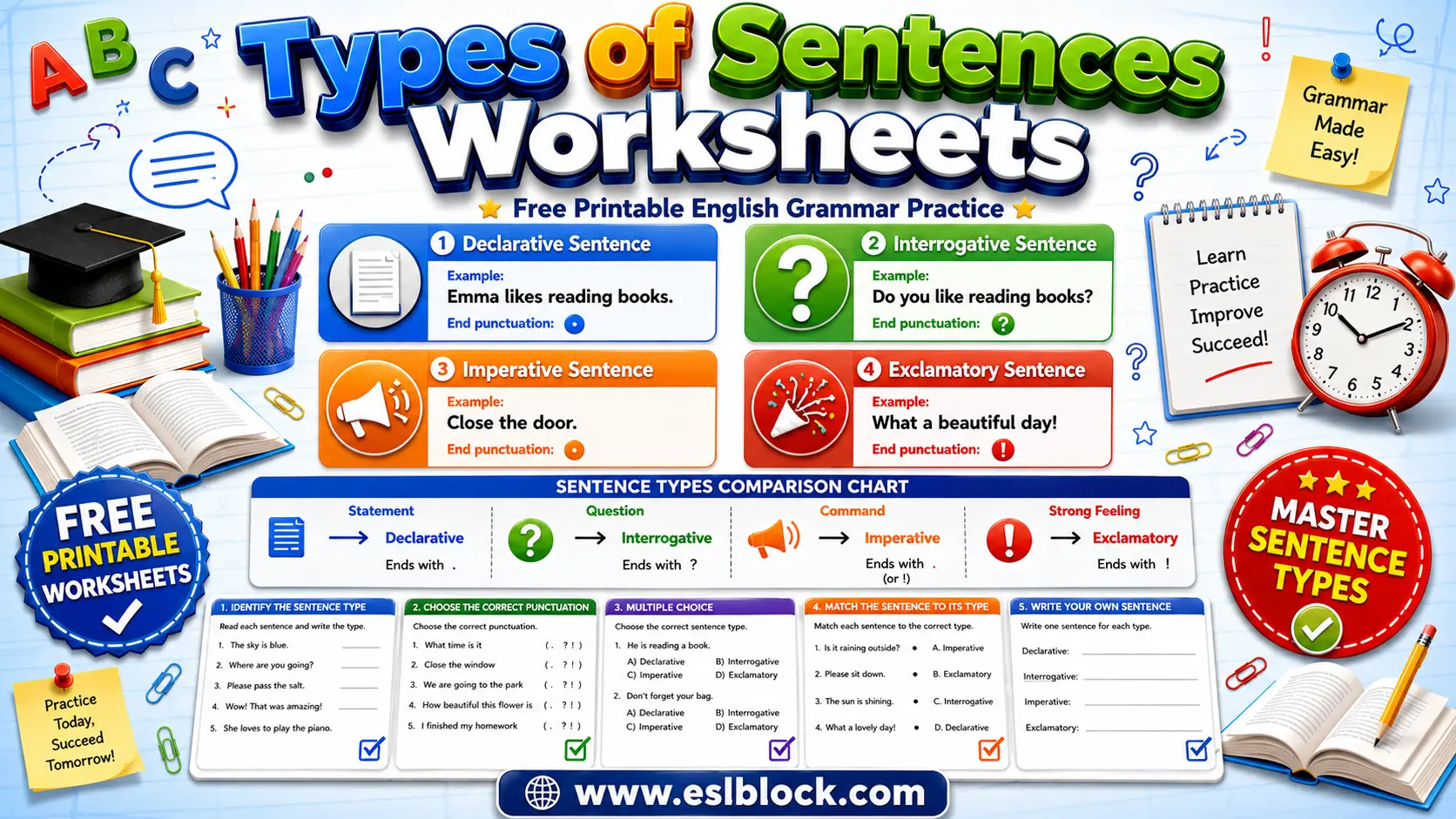 Educational infographic for Types of Sentences Worksheets featuring declarative, interrogative, imperative, and exclamatory sentences with printable grammar worksheet activities.