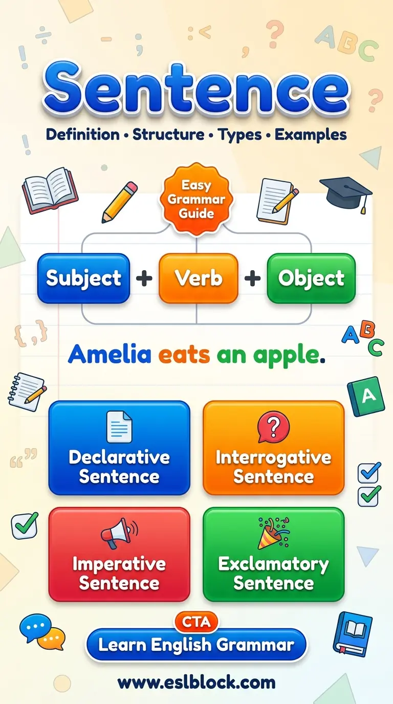 Sentence grammar infographic showing sentence definition, Subject–Verb–Object structure, four sentence types, and easy English grammar examples.