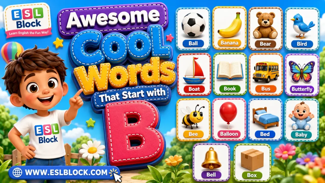 Awesome Cool Words That Start with B featuring colorful 3D illustrations of Ball, Banana, Bear, Bird, Boat, Book, Bus, Butterfly, Bee, Balloon, Bed, Baby, Bell, and Box for kids.