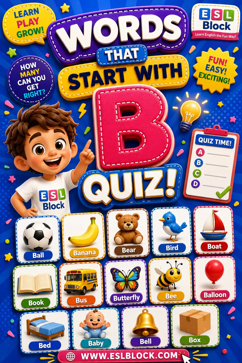 Words That Start with B Quiz Pinterest pin with colorful 3D vocabulary cards, ESL Block mascot, and fun English learning activity for kids.