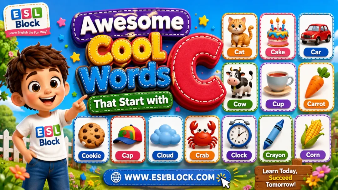 Awesome Cool Words That Start with C featuring colorful 3D illustrations of Cat, Car, Cake, Cow, Cup, Carrot, Crown, Camel, Cookie, Clock, and Crab for kids.
