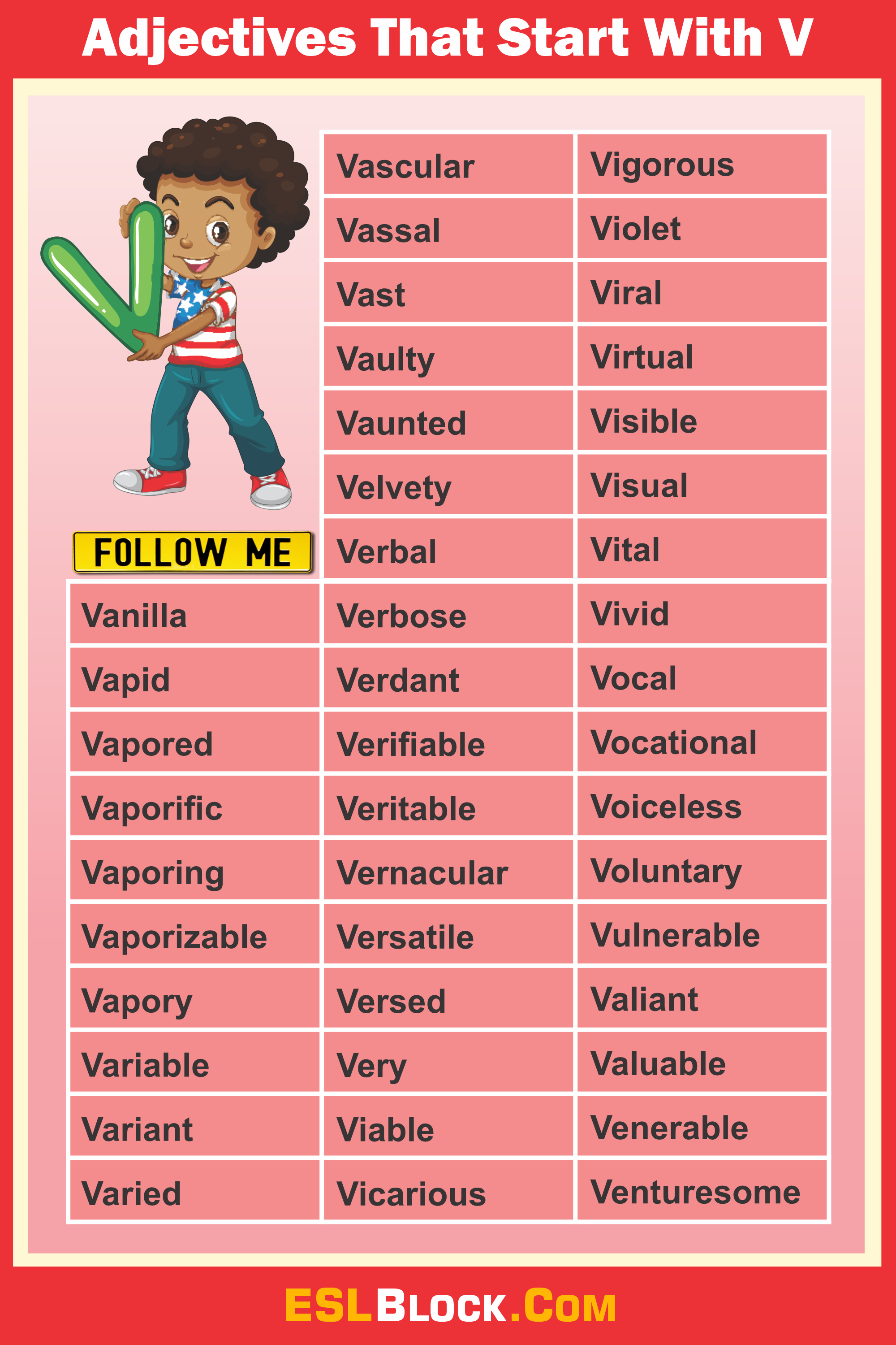 A-Z Adjectives, Adjective Words, Adjectives, V Words, Vocabulary, Words That Describe a Person, Adjectives that start with V, Descriptive words that start with V