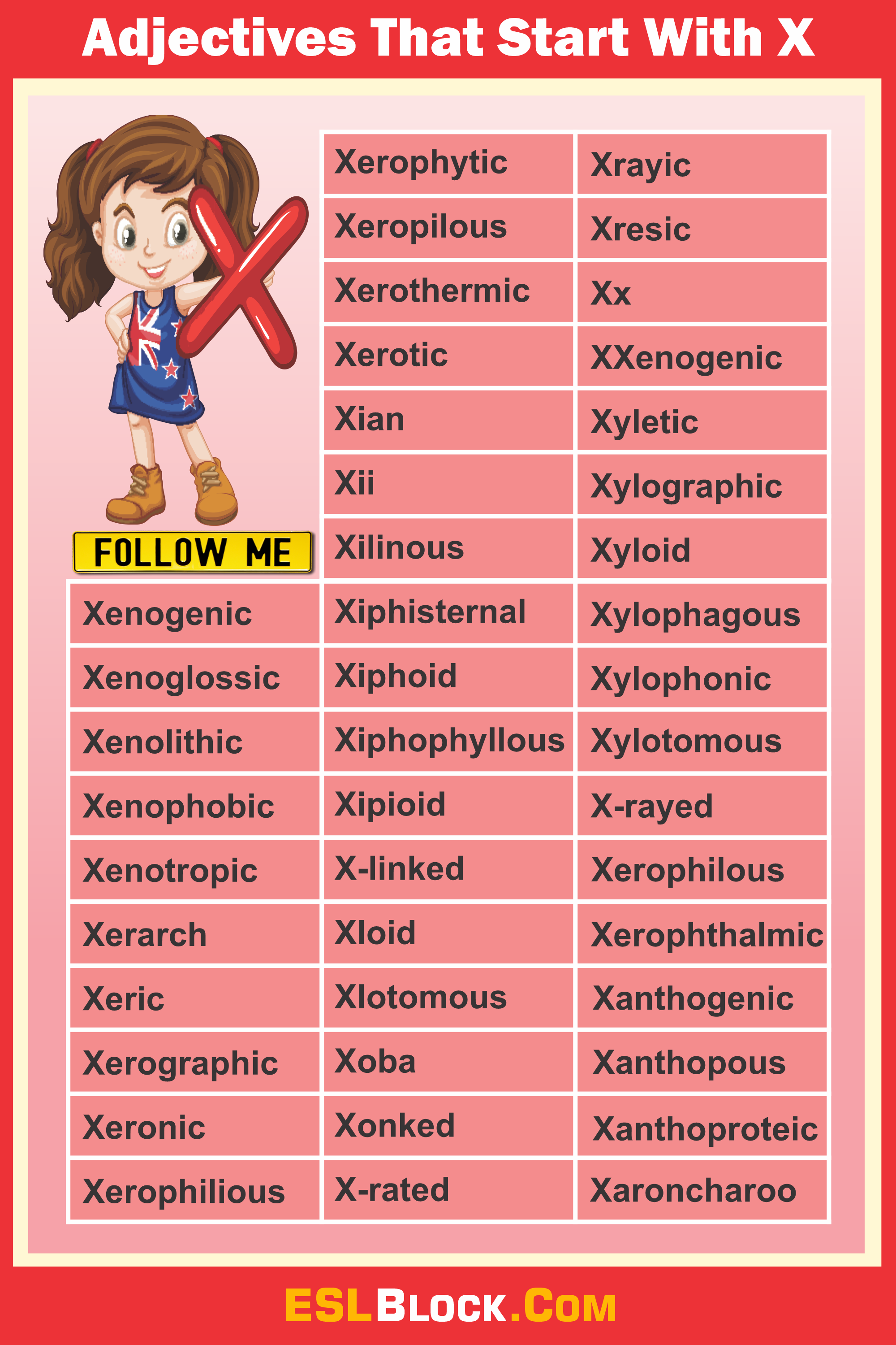 A-Z Adjectives, Adjective Words, Adjectives, Vocabulary, Words That Describe a Person, X Words, Adjectives that start with X