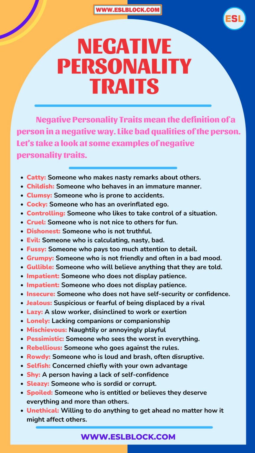 Personality Traits Negative And Positive Personality Traits English As A Second Language 2540