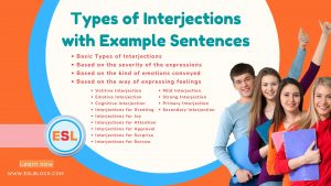 100 Example Sentences Using Interjections, Examples of Interjections, Interjections Exercises, Interjections List, Interjections Rules, Rules of Using Interjections with examples, Types of Interjections, Types of Interjections with Example Sentences, What are Interjections, What are the types of Interjections, What do a Interjections do, What is an Interjection, Basic Types of Interjections, Primary Interjection, Secondary Interjection, Based on the severity of the expressions, Mild Interjection, Strong Interjection, Based on the kind of emotions conveyed, Volitive Interjection, Emotive Interjection, Cognitive Interjection, Based on the way of expressing feelings, Interjections for Greeting, Interjections for Joy, Interjections for Attention, Interjections for Approval, Interjections for Surprise, Interjections for Sorrow,
