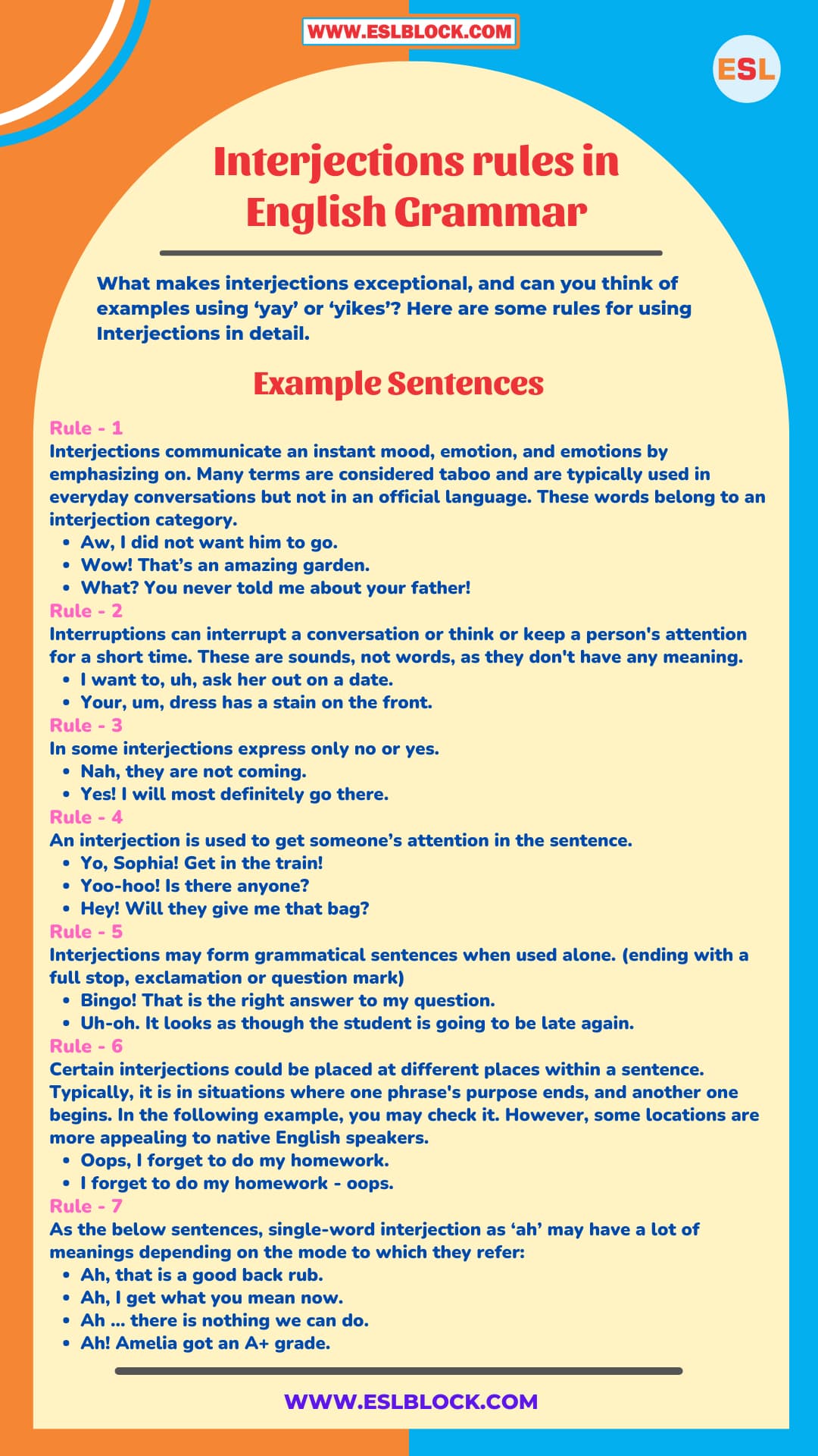 100 Example Sentences Using Interjections, Examples of Interjections, Interjections Exercises, Interjections List, Interjections Rules, Rules of Using Interjections with examples, Types of Interjections, What are Interjections, What does a Interjections do, What is a Interjection