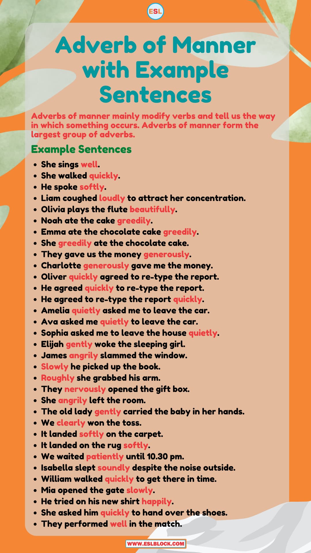 100 Example Sentences Using Adverb of Manner, Adverb of Manner, Adverb of Manner Rules with Example Sentences, Adverb of Manner with Example Sentences, Rules of Using Adverb of Manner, Rules of Using Adverb of Manner with examples, Rules of Using Adverbs with Example Sentences, Types of Adverbs, Types of Adverbs with Example Sentences, What are Adverbs, What are the types of Adverbs