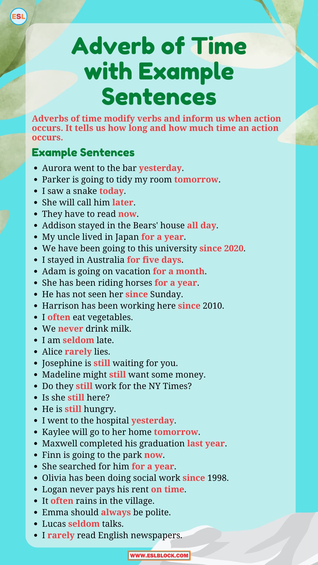 Adverb Of Time With Example Sentences English As A Second Language