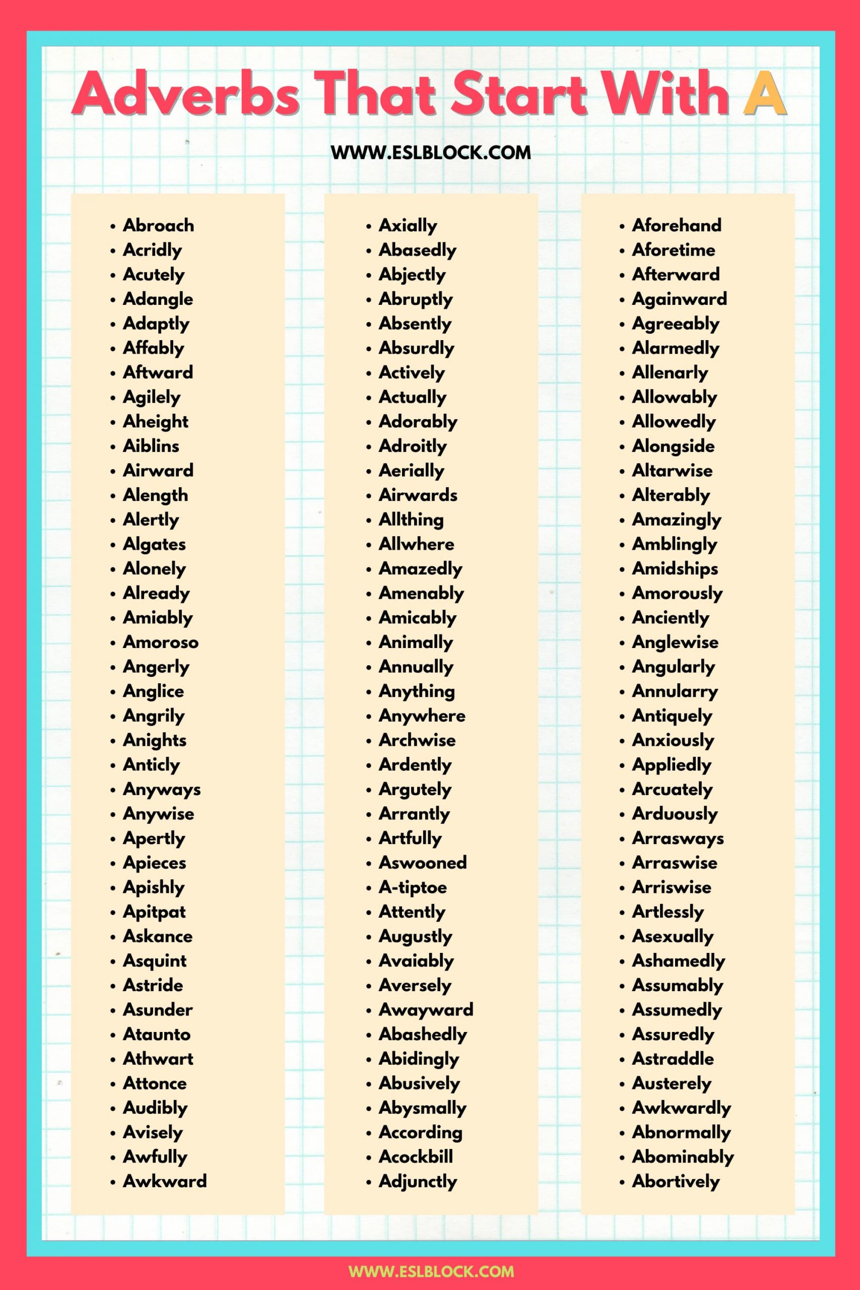 100 Example Sentences Using Adverbs, 4 Letter Adverbs That Start with A, 4 Letter Words, 5 Letter Adverbs That Start with A, 5 Letter Words, 6 Letter Adverbs That Start with A, 6 Letter Words, A to Z Adverbs, AA Adverbs, Adverb vocabulary words, Adverbs, Adverbs That Start with A, Adverbs with Example Sentences, All Adverbs, Types of Adverbs, Types of Adverbs with Example Sentences, Vocabulary, What are Adverbs, What are the types of Adverbs, Words That with A