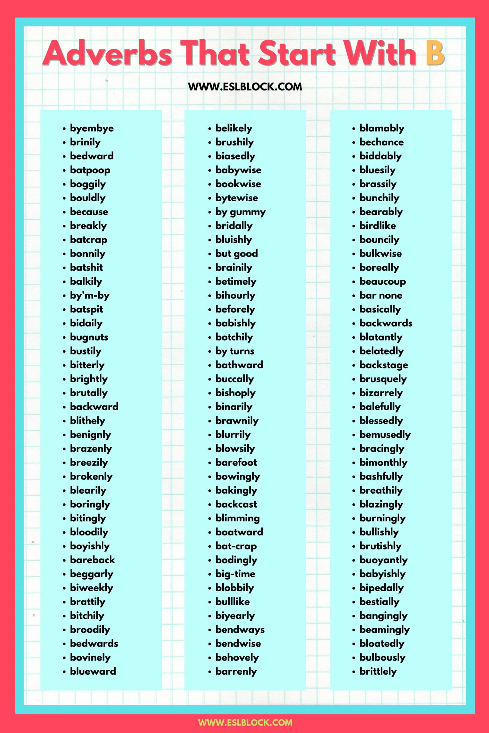100 Example Sentences Using Adverbs, 4 Letter Adverbs That Start with B, 4 Letter Words, 5 Letter Adverbs That Start with B, 5 Letter Words, 6 Letter Adverbs That Start with B, 6 Letter Words, A to Z Adverbs, AA Adverbs, Adverb vocabulary words, Adverbs, Adverbs That Start with B, Adverbs with Example Sentences, All Adverbs, Types of Adverbs, Types of Adverbs with Example Sentences, Vocabulary, What are Adverbs, What are the types of Adverbs, Words That with B