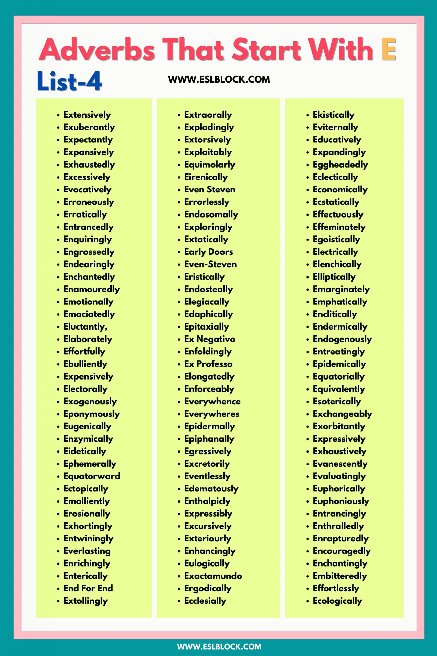 100 Example Sentences Using Adverbs, 4 Letter Adverbs That Start with E, 4 Letter Words, 5 Letter Adverbs That Start with E, 5 Letter Words, 6 Letter Adverbs That Start with E, 6 Letter Words, A to Z Adverbs, AA Adverbs, Adverb vocabulary words, Adverbs, Adverbs That Start with E, Adverbs with Example Sentences, All Adverbs, Types of Adverbs, Types of Adverbs with Example Sentences, Vocabulary, What are Adverbs, What are the types of Adverbs, Words That with E