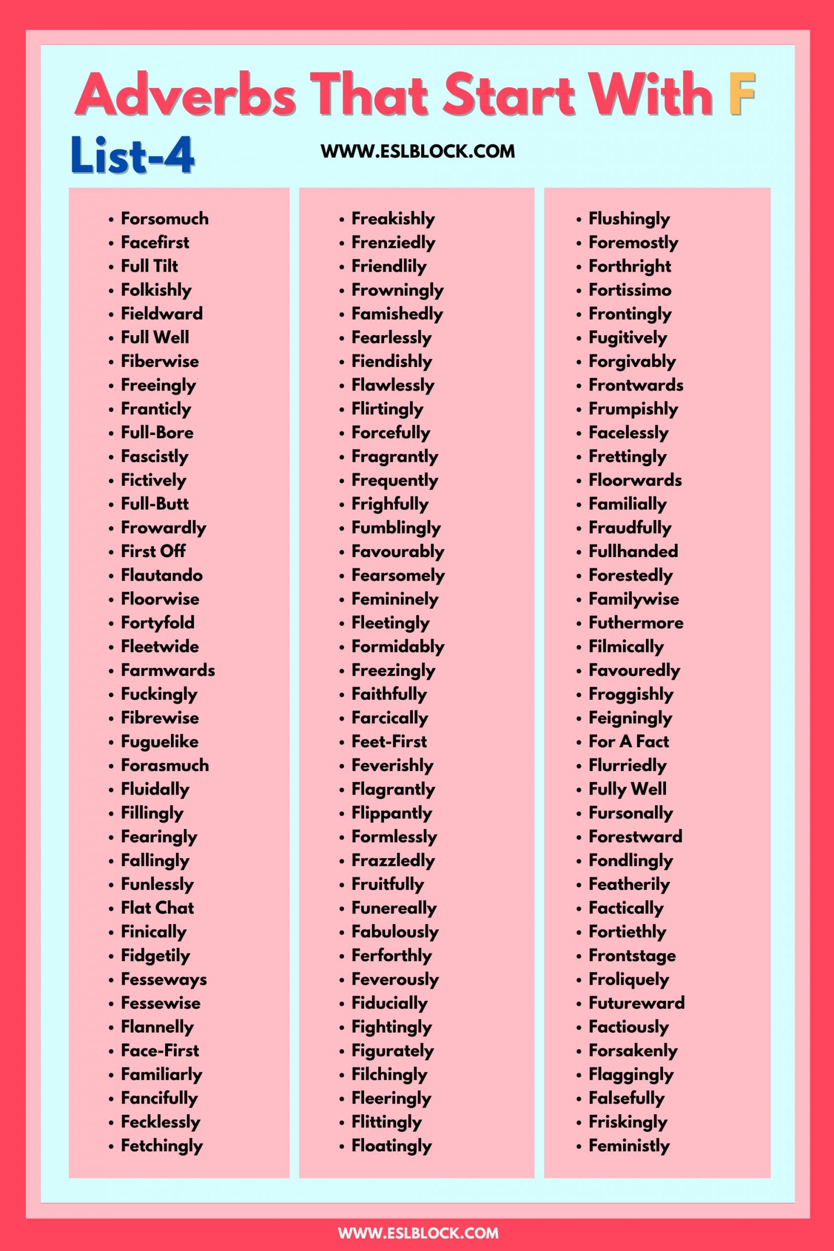 100 Example Sentences Using Adverbs, 4 Letter Adverbs That Start with F, 4 Letter Words, 5 Letter Adverbs That Start with F, 5 Letter Words, 6 Letter Adverbs That Start with F, 6 Letter Words, A to Z Adverbs, AA Adverbs, Adverb vocabulary words, Adverbs, Adverbs That Start with F, Adverbs with Example Sentences, All Adverbs, Types of Adverbs, Types of Adverbs with Example Sentences, Vocabulary, What are Adverbs, What are the types of Adverbs, Words That with F