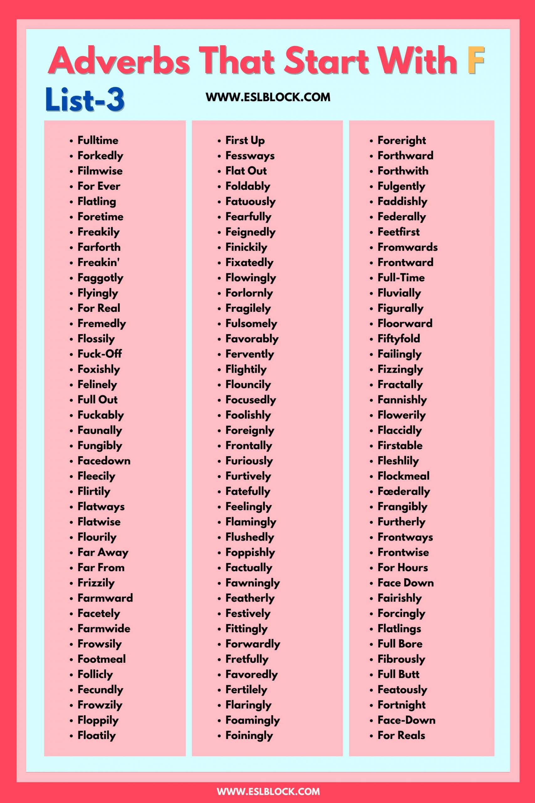 100 Example Sentences Using Adverbs, 4 Letter Adverbs That Start with F, 4 Letter Words, 5 Letter Adverbs That Start with F, 5 Letter Words, 6 Letter Adverbs That Start with F, 6 Letter Words, A to Z Adverbs, AA Adverbs, Adverb vocabulary words, Adverbs, Adverbs That Start with F, Adverbs with Example Sentences, All Adverbs, Types of Adverbs, Types of Adverbs with Example Sentences, Vocabulary, What are Adverbs, What are the types of Adverbs, Words That with F