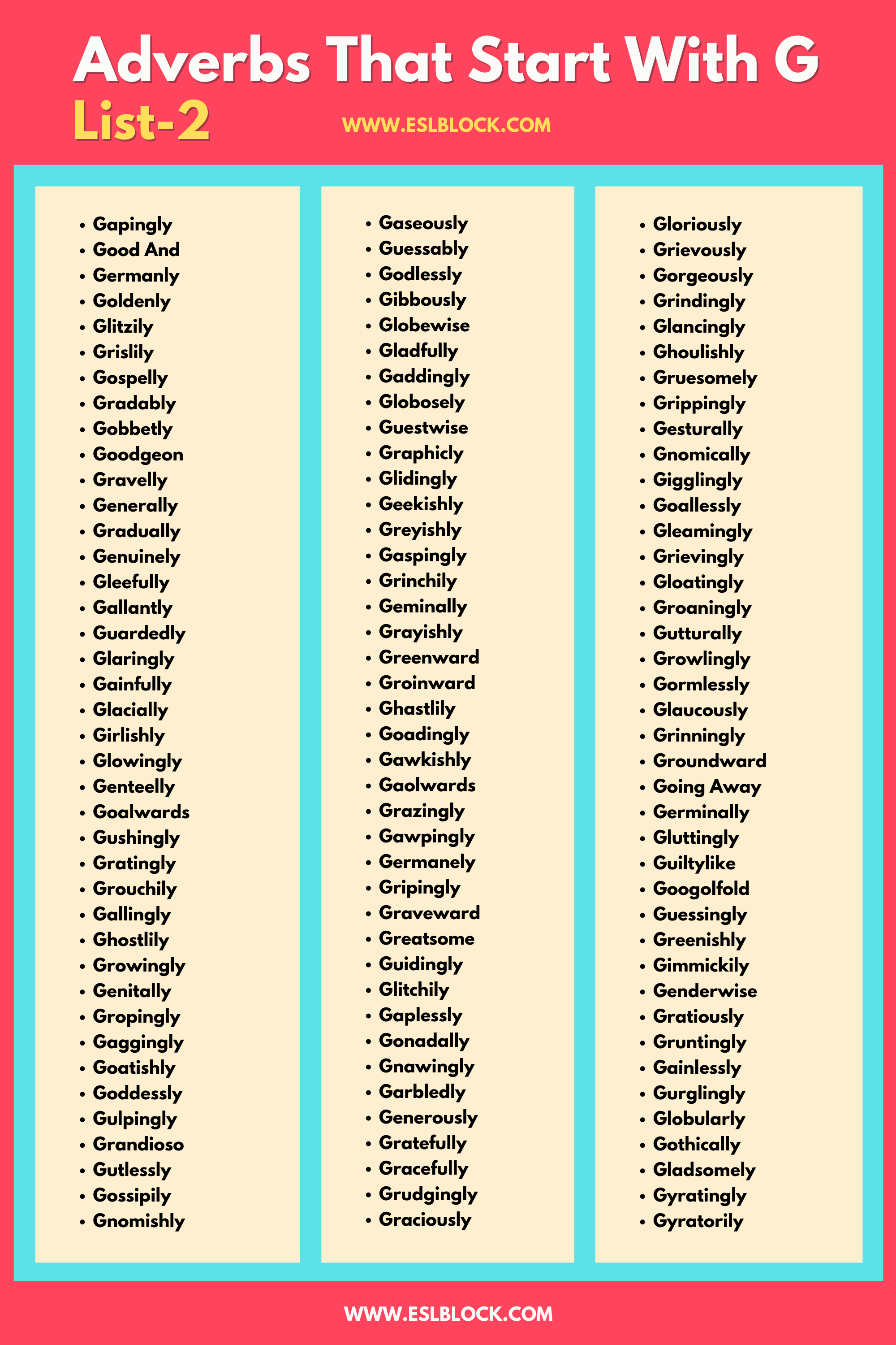 100 Example Sentences Using Adverbs, 4 Letter Adverbs That Start with G, 4 Letter Words, 5 Letter Adverbs That Start with G, 5 Letter Words, 6 Letter Adverbs That Start with G, 6 Letter Words, A to Z Adverbs, AA Adverbs, Adverb vocabulary words, Adverbs, Adverbs That Start with G, Adverbs with Example Sentences, All Adverbs, Types of Adverbs, Types of Adverbs with Example Sentences, Vocabulary, What are Adverbs, What are the types of Adverbs, Words That with G