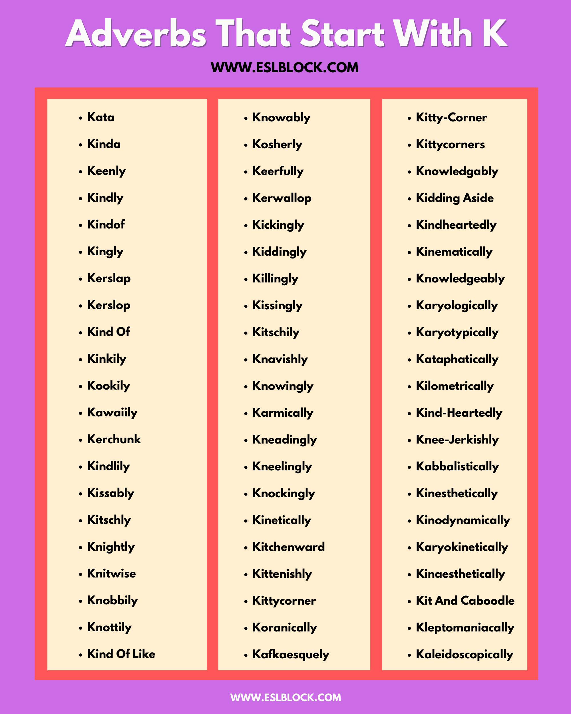 100 Example Sentences Using Adverbs, 4 Letter Adverbs That Start with K, 4 Letter Words, 5 Letter Adverbs That Start with K, 5 Letter Words, 6 Letter Adverbs That Start with K, 6 Letter Words, A to Z Adverbs, AA Adverbs, Adverb vocabulary words, Adverbs, Adverbs That Start with K, Adverbs with Example Sentences, All Adverbs, Types of Adverbs, Types of Adverbs with Example Sentences, Vocabulary, What are Adverbs, What are the types of Adverbs, Words That with K