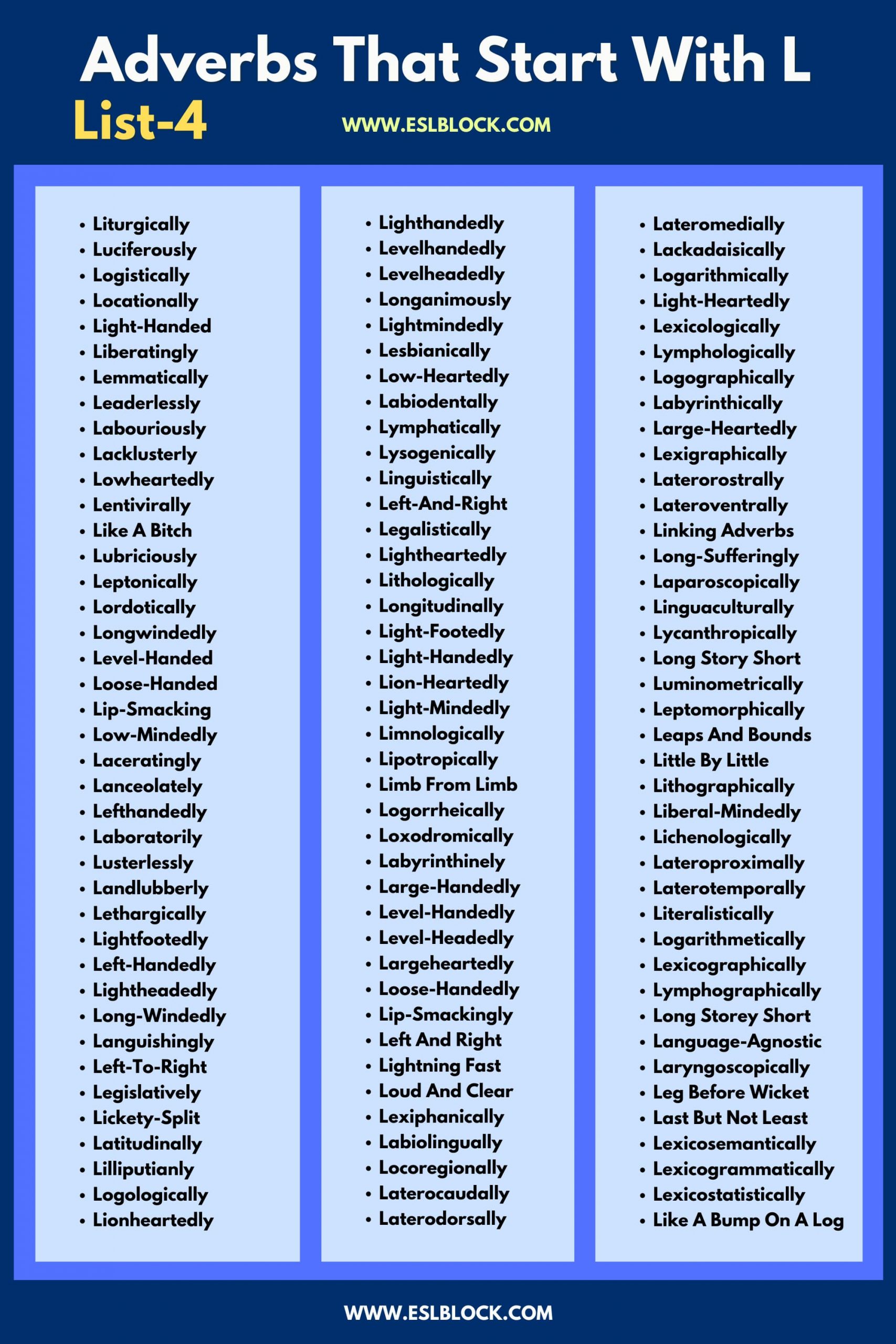 100 Example Sentences Using Adverbs, 4 Letter Adverbs That Start with L, 4 Letter Words, 5 Letter Adverbs That Start with L, 5 Letter Words, 6 Letter Adverbs That Start with L, 6 Letter Words, A to Z Adverbs, AA Adverbs, Adverb vocabulary words, Adverbs, Adverbs That Start with L, Adverbs with Example Sentences, All Adverbs, Types of Adverbs, Types of Adverbs with Example Sentences, Vocabulary, What are Adverbs, What are the types of Adverbs, Words That with L