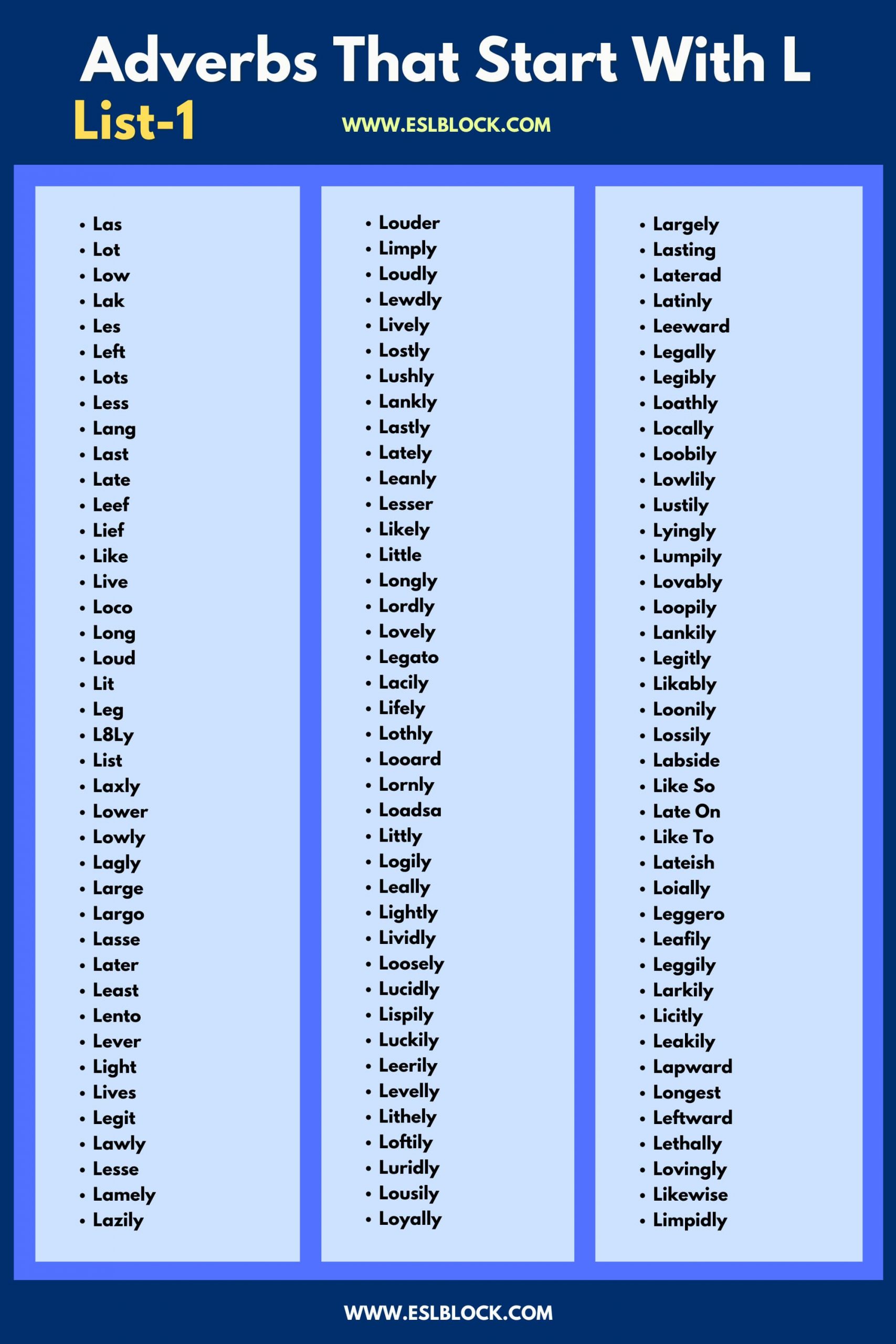 100 Example Sentences Using Adverbs, 4 Letter Adverbs That Start with L, 4 Letter Words, 5 Letter Adverbs That Start with L, 5 Letter Words, 6 Letter Adverbs That Start with L, 6 Letter Words, A to Z Adverbs, AA Adverbs, Adverb vocabulary words, Adverbs, Adverbs That Start with L, Adverbs with Example Sentences, All Adverbs, Types of Adverbs, Types of Adverbs with Example Sentences, Vocabulary, What are Adverbs, What are the types of Adverbs, Words That with L