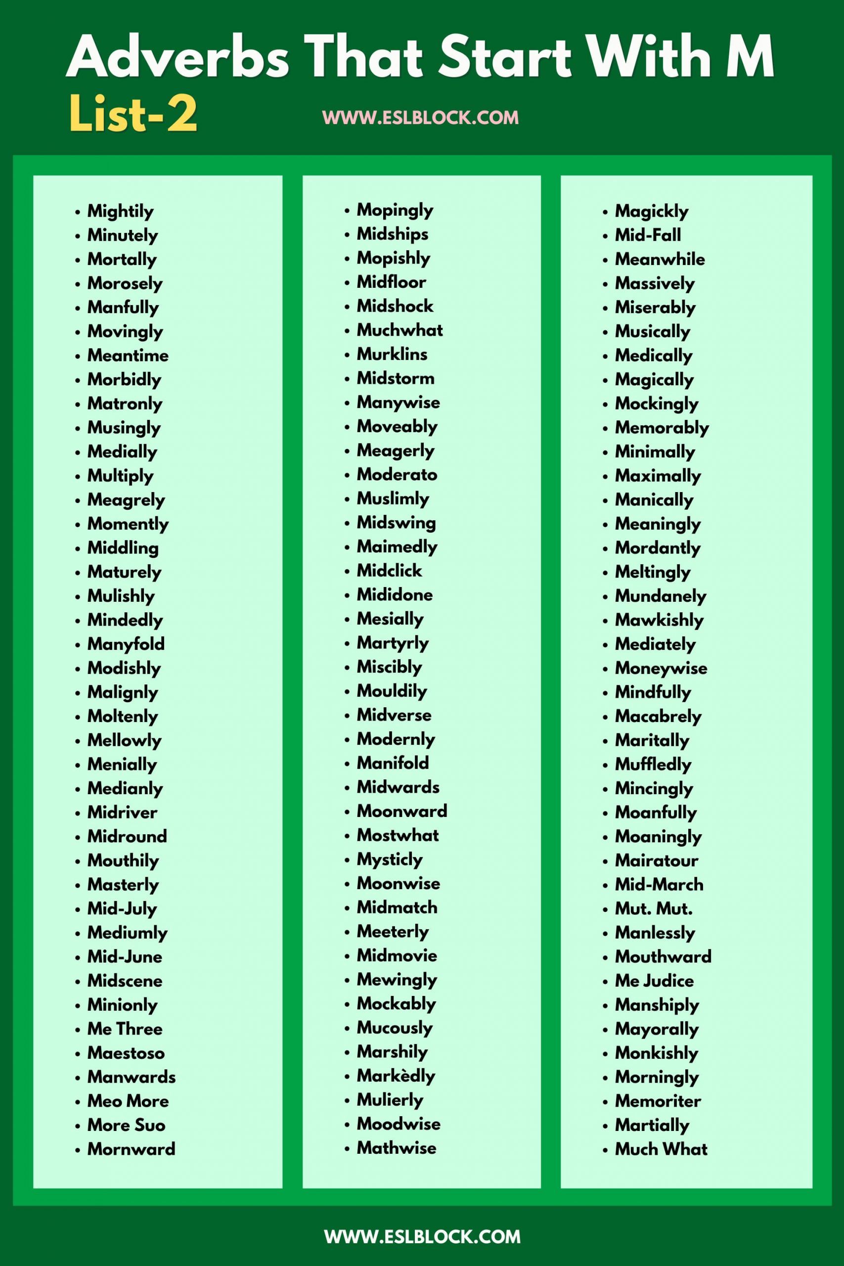 100 Example Sentences Using Adverbs, 4 Letter Adverbs That Start with M, 4 Letter Words, 5 Letter Adverbs That Start with M, 5 Letter Words, 6 Letter Adverbs That Start with M, 6 Letter Words, A to Z Adverbs, AA Adverbs, Adverb vocabulary words, Adverbs, Adverbs That Start with M, Adverbs with Example Sentences, All Adverbs, Types of Adverbs, Types of Adverbs with Example Sentences, Vocabulary, What are Adverbs, What are the types of Adverbs, Words That with M