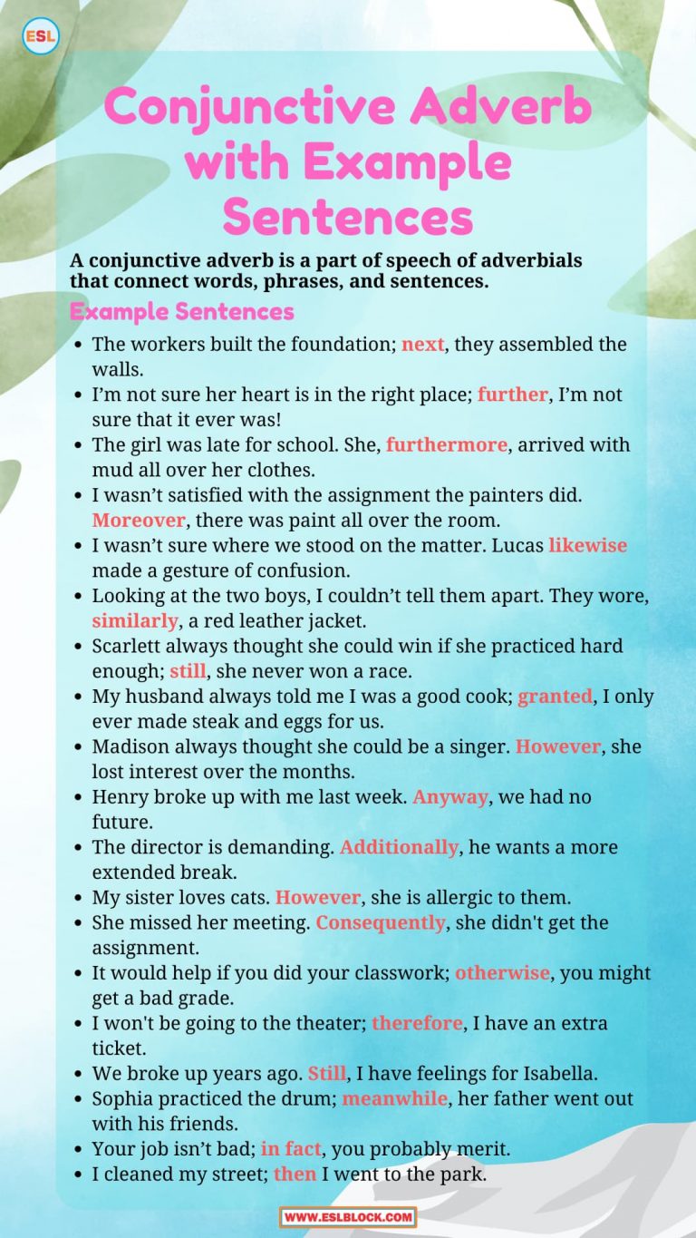 Conjunctive Adverb with Example Sentences English as a Second Language