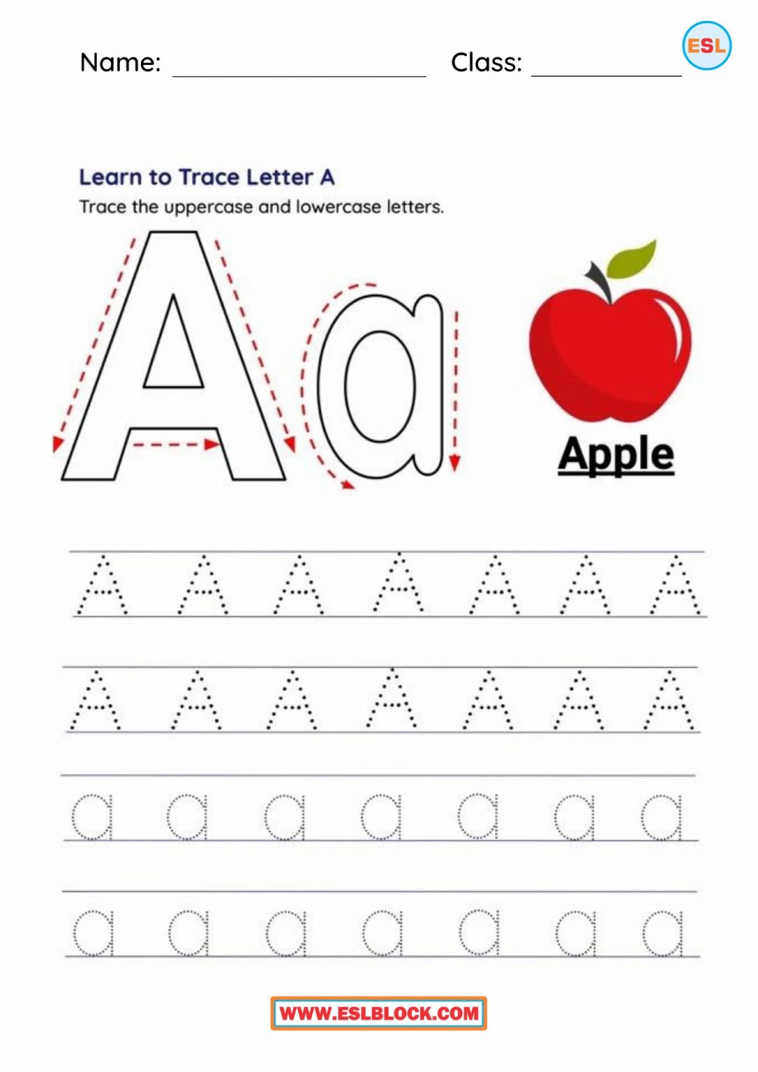 Tracing the Letter A Worksheets - English as a Second Language