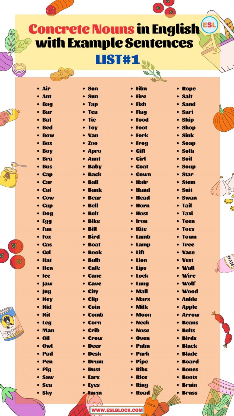 Concrete Nouns In English With Example Sentences - English As A Second 