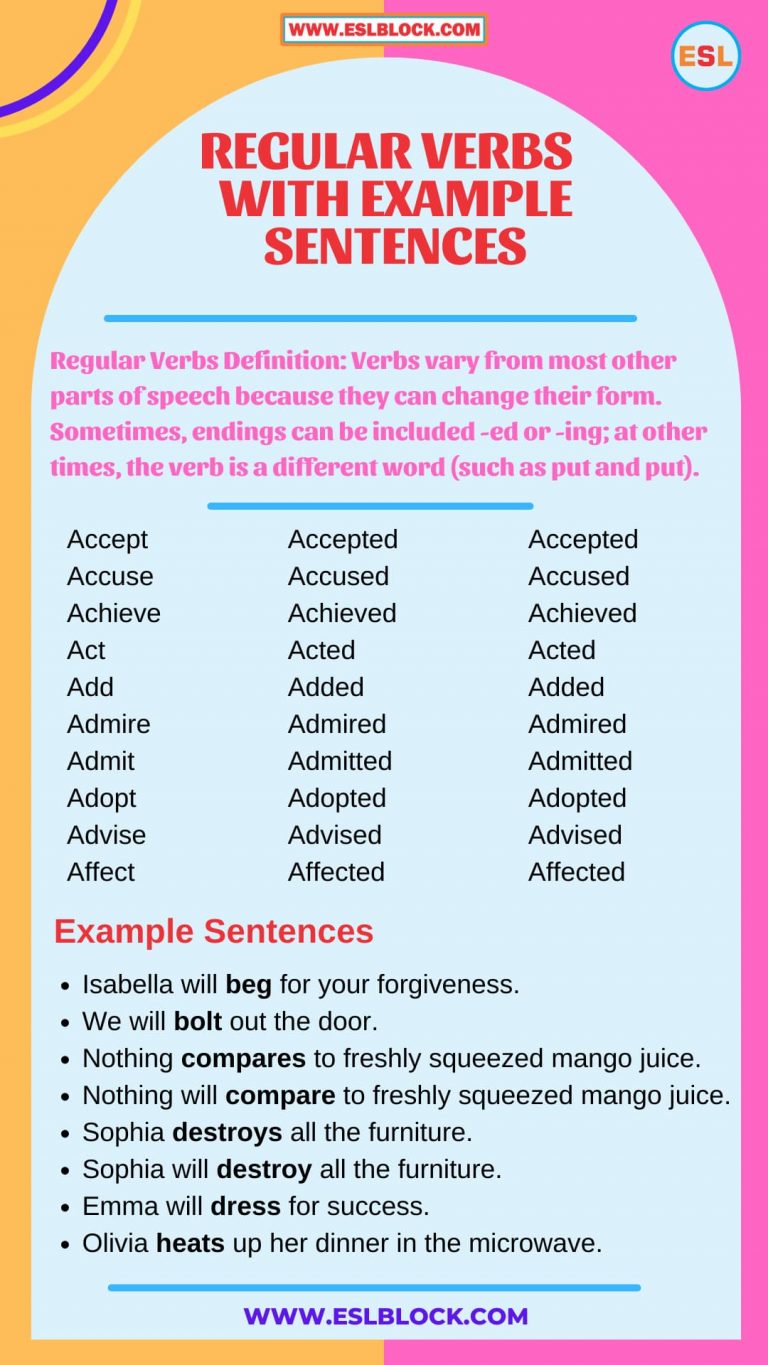 Regular Verbs In English With Example Sentences - English As A Second 