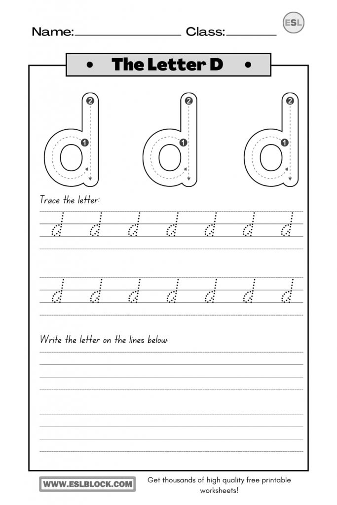 Tracing the Letter D Worksheets – English as a Second Language