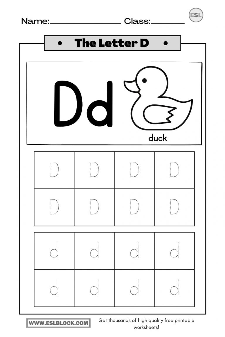 Tracing the Letter D Worksheets - English as a Second Language