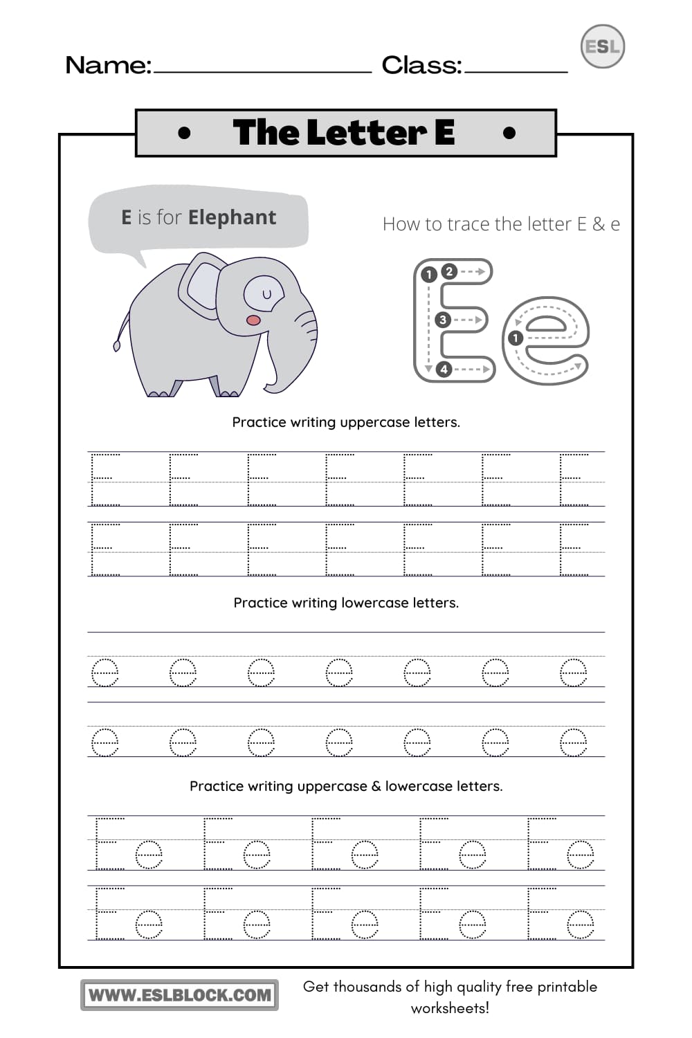 tracing the letter e worksheets english as a second language