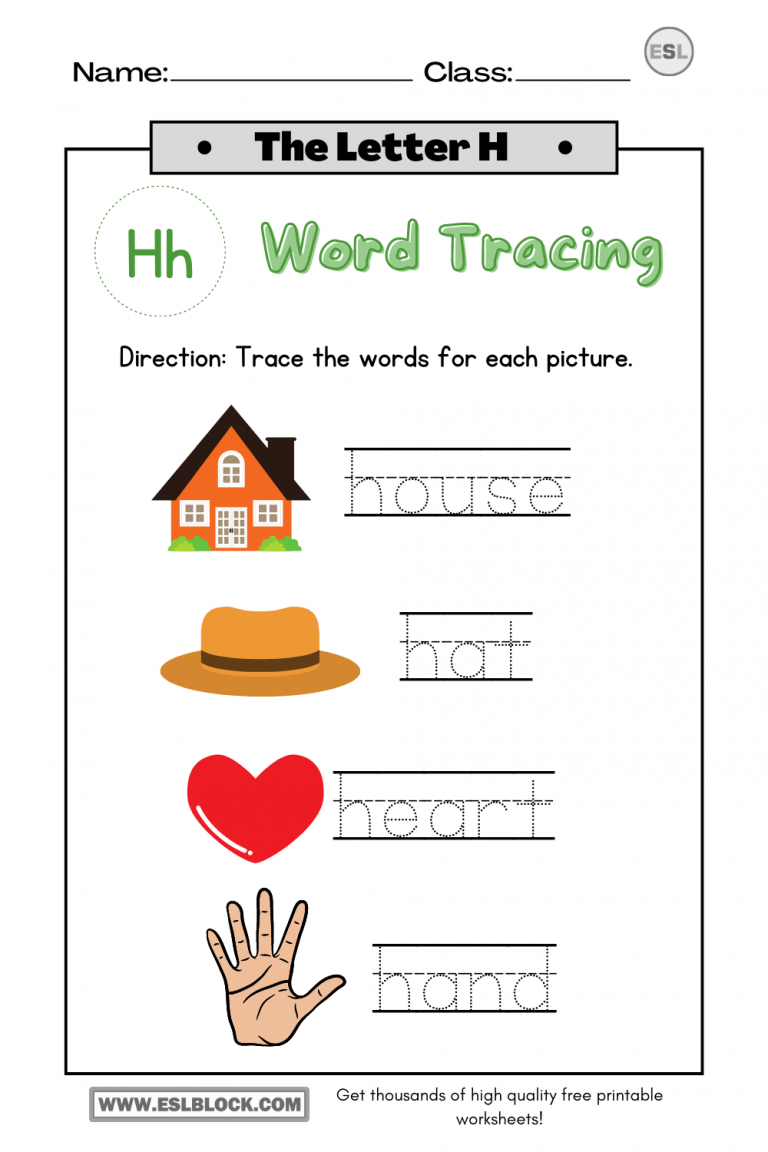 Tracing The Letter H Worksheets - English As A Second Language