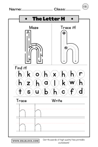 Tracing the Letter H Worksheets - English as a Second Language