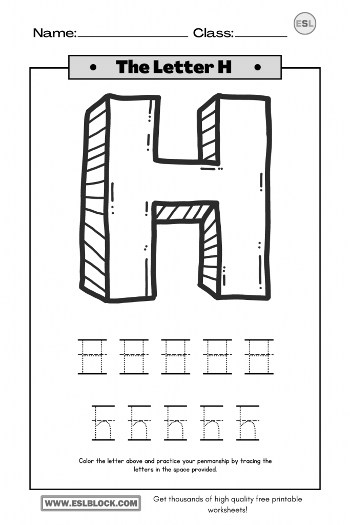 Tracing the Letter H Worksheets - English as a Second Language