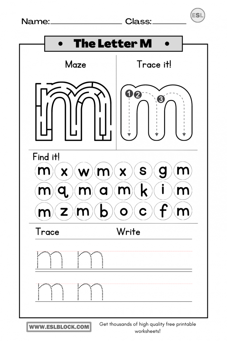 Tracing the Letter M Worksheets – English as a Second Language