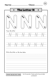 Tracing the Letter N Worksheets - English as a Second Language