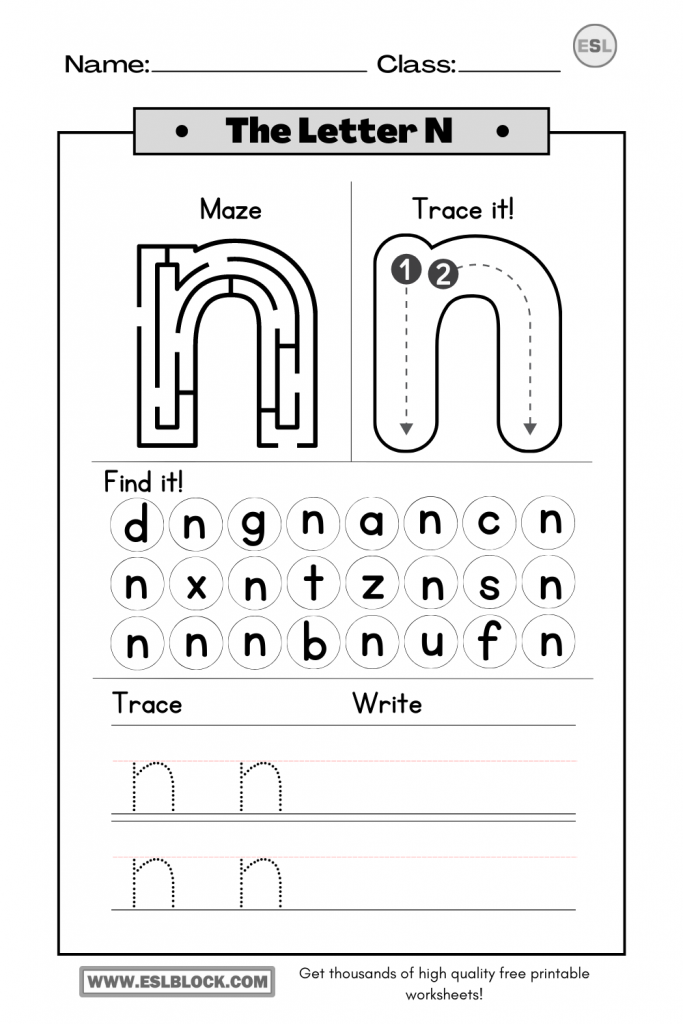 Tracing the Letter N Worksheets - English as a Second Language